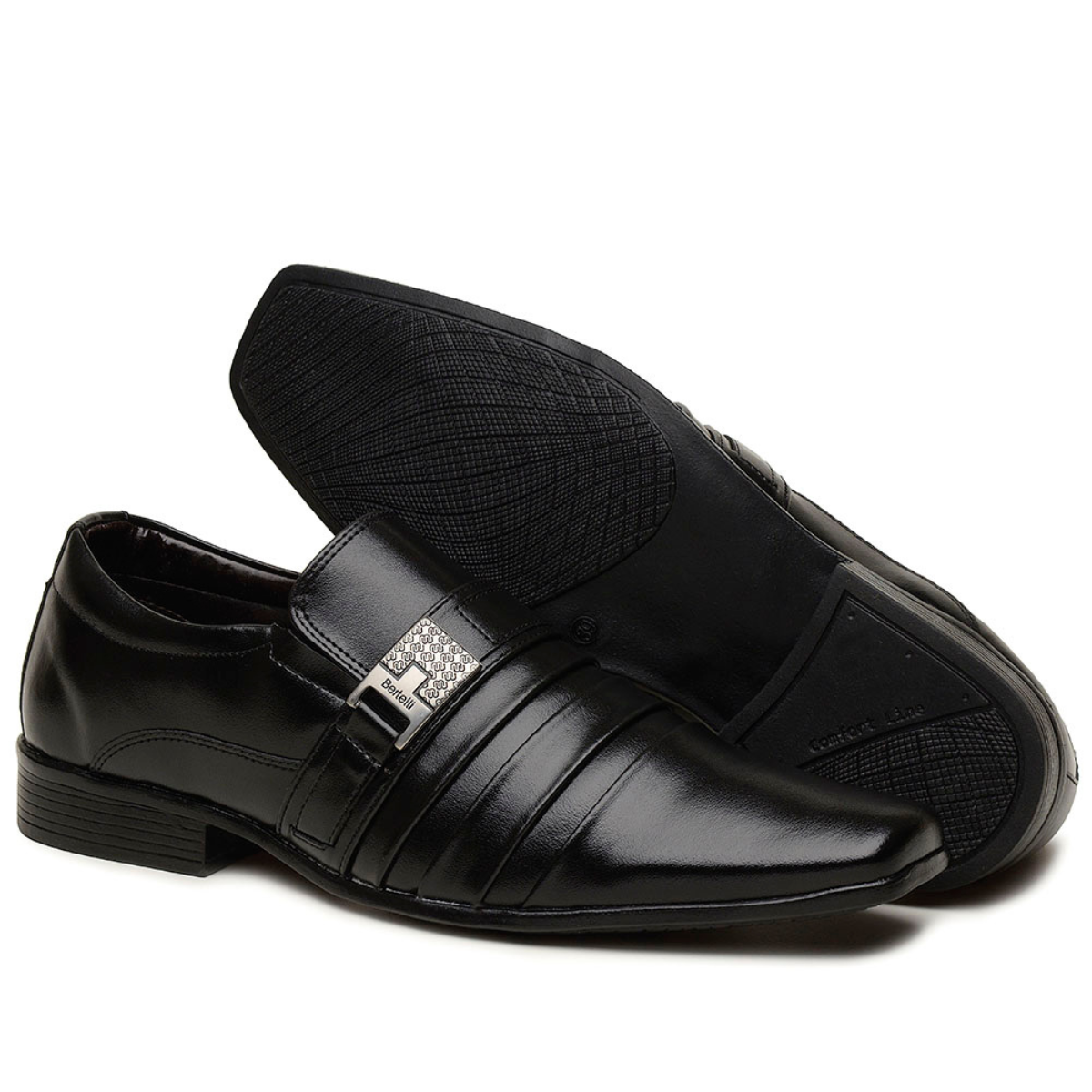 Sapato Social Forma Alongada Masculino de Sintético, cor Preto com Solado Preto